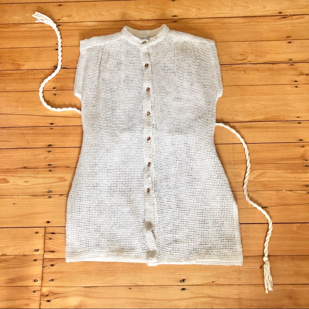 70s Vtg Open Knit Wood Button Rope Belted Tunic - Picture 16 of 17